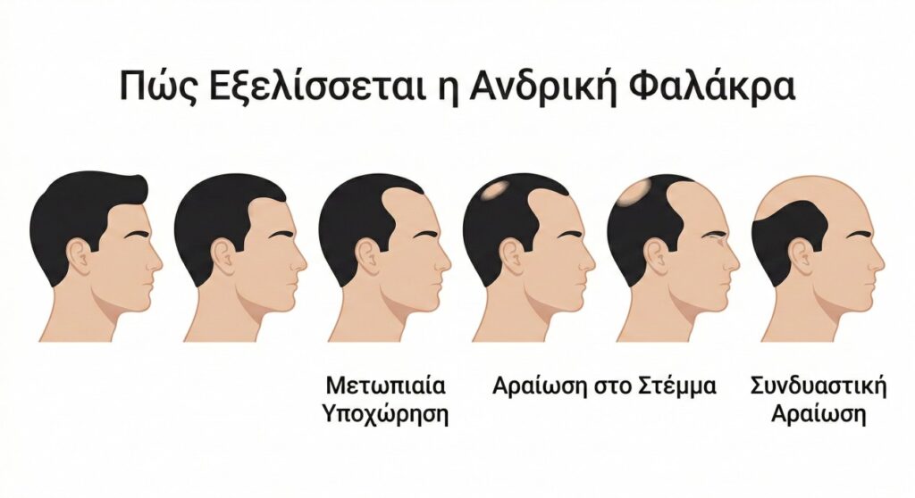 Στάδια ανδρογενετικής αλωπεκίας με προοδευτική υποχώρηση γραμμής μαλλιών