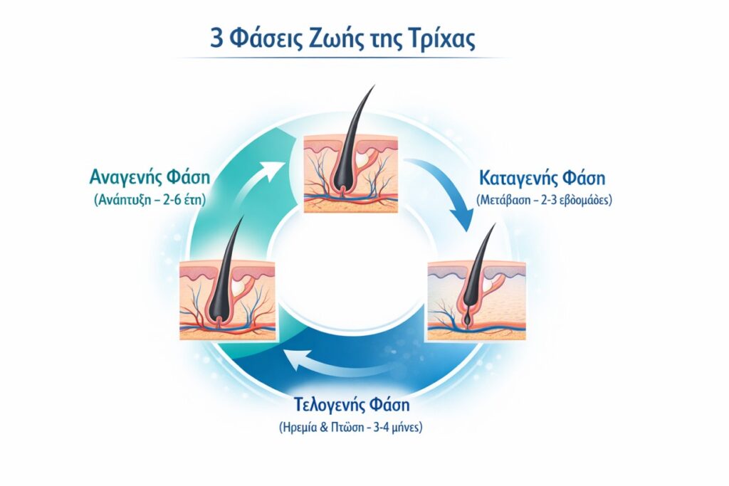Διάγραμμα που δείχνει τις φάσεις ανάπτυξης της τρίχας στο τριχωτό της κεφαλής