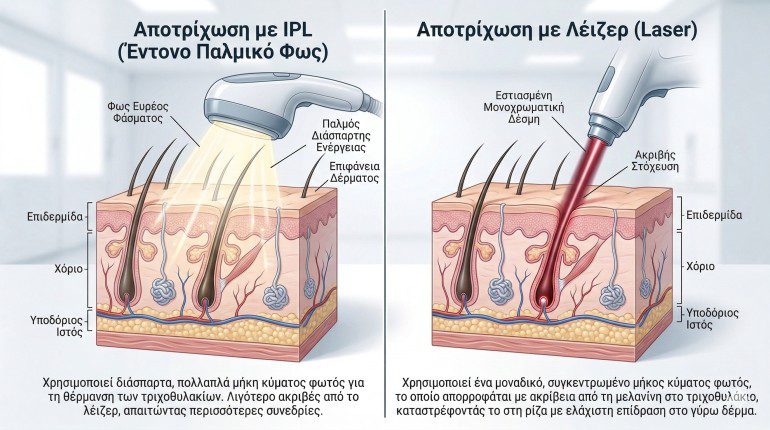 Laser vs IPL αποτρίχωση σύγκριση της τεχνολογίας φωτός και laser στον θύλακα της τρίχας