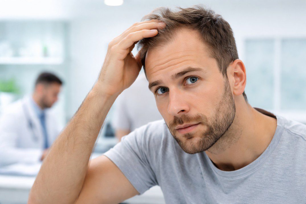 άνδρας κοιτάζει τη γραμμή των μαλλιών του στον καθρέφτη λόγω ανδρικής τριχόπτωσης